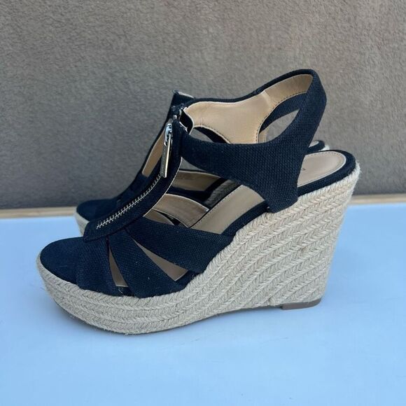 Michael Kors Damita Espadrille Wedge Sandal Size 5.5-6 Black Canvas Zipper - Picture 6 of 11